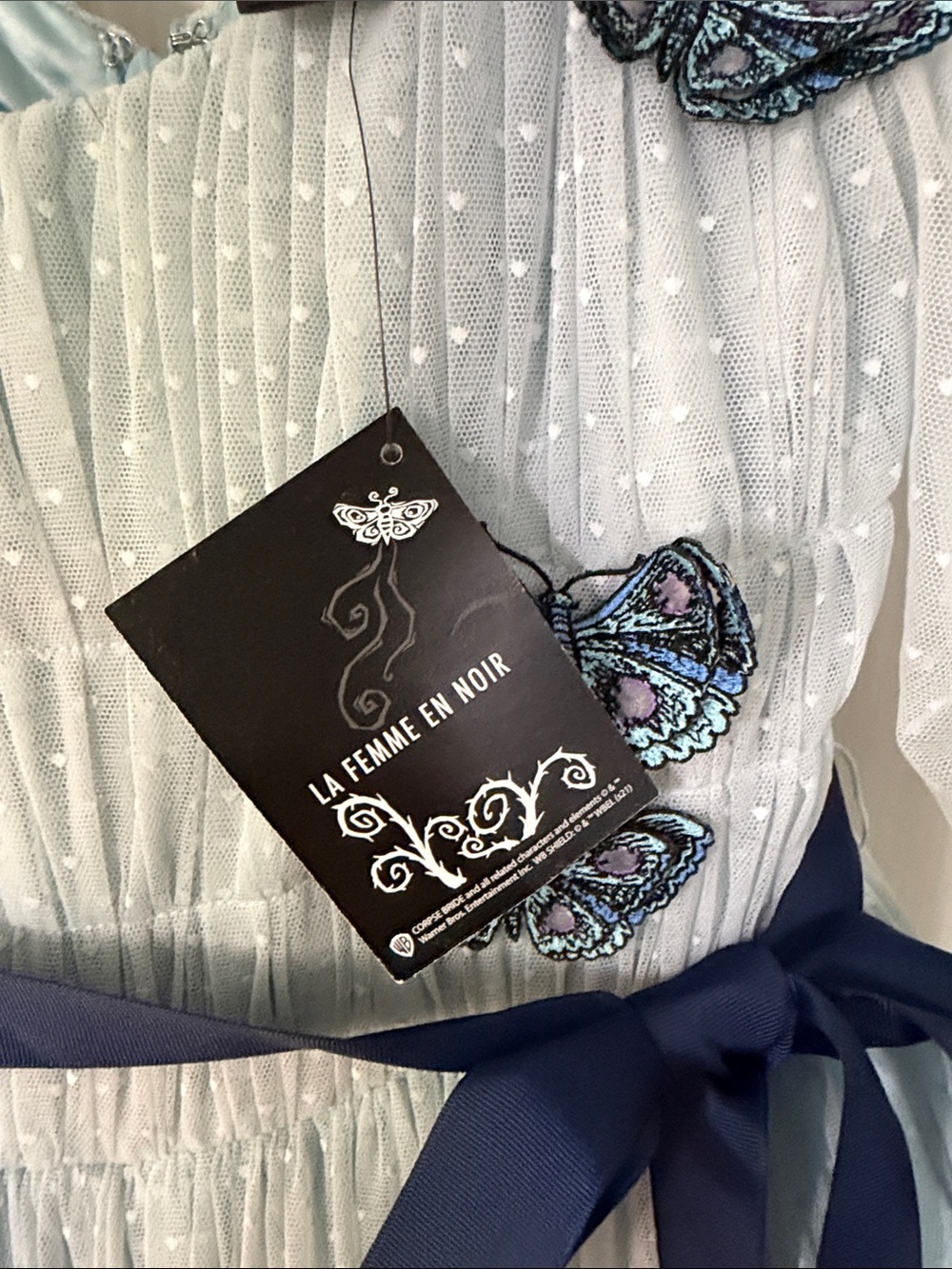 Light Blue Tulle Maxi Dress with Navy Sash and Butterfly Appliqués - Picture 3 of 3